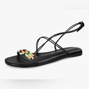 Black Strappy Sandals with Multicolor Beaded Toe Detail